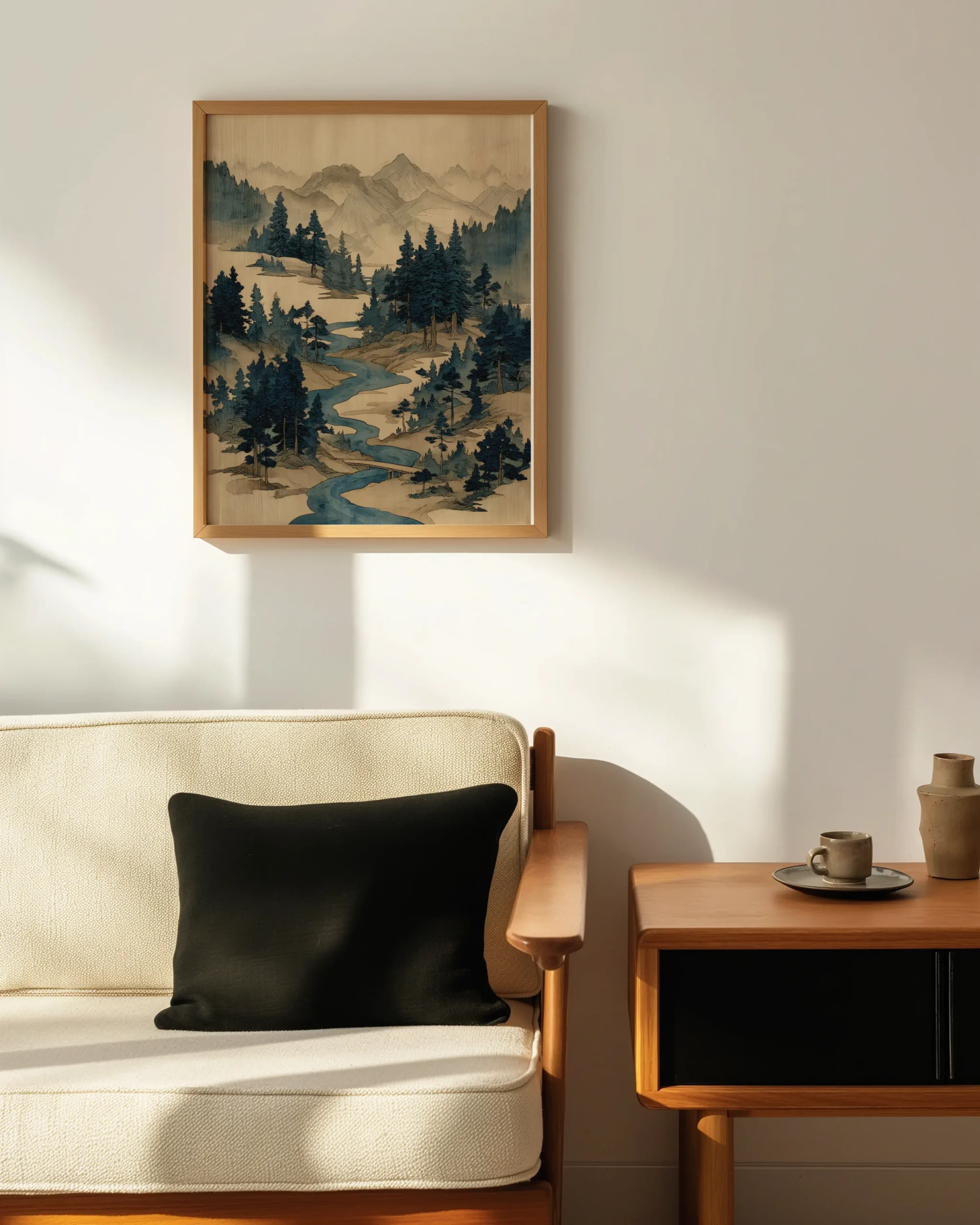 Framed Ukiyo-e mountain landscape print displayed above a beige sofa, featuring a winding blue river through pine-covered hills.