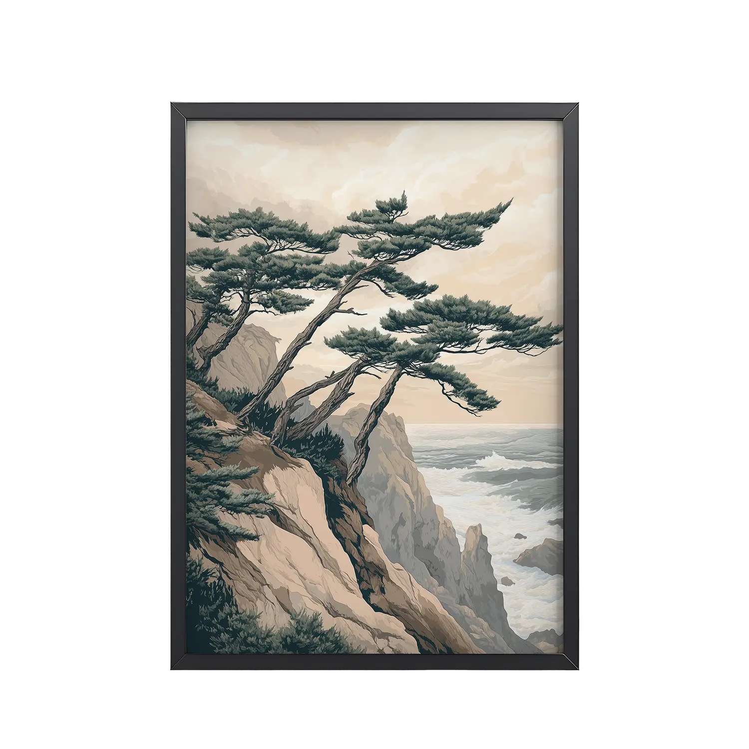 Windswept Pines by the Coast — Japanese Coastal Landscape Wall Decor — Framed Poster
