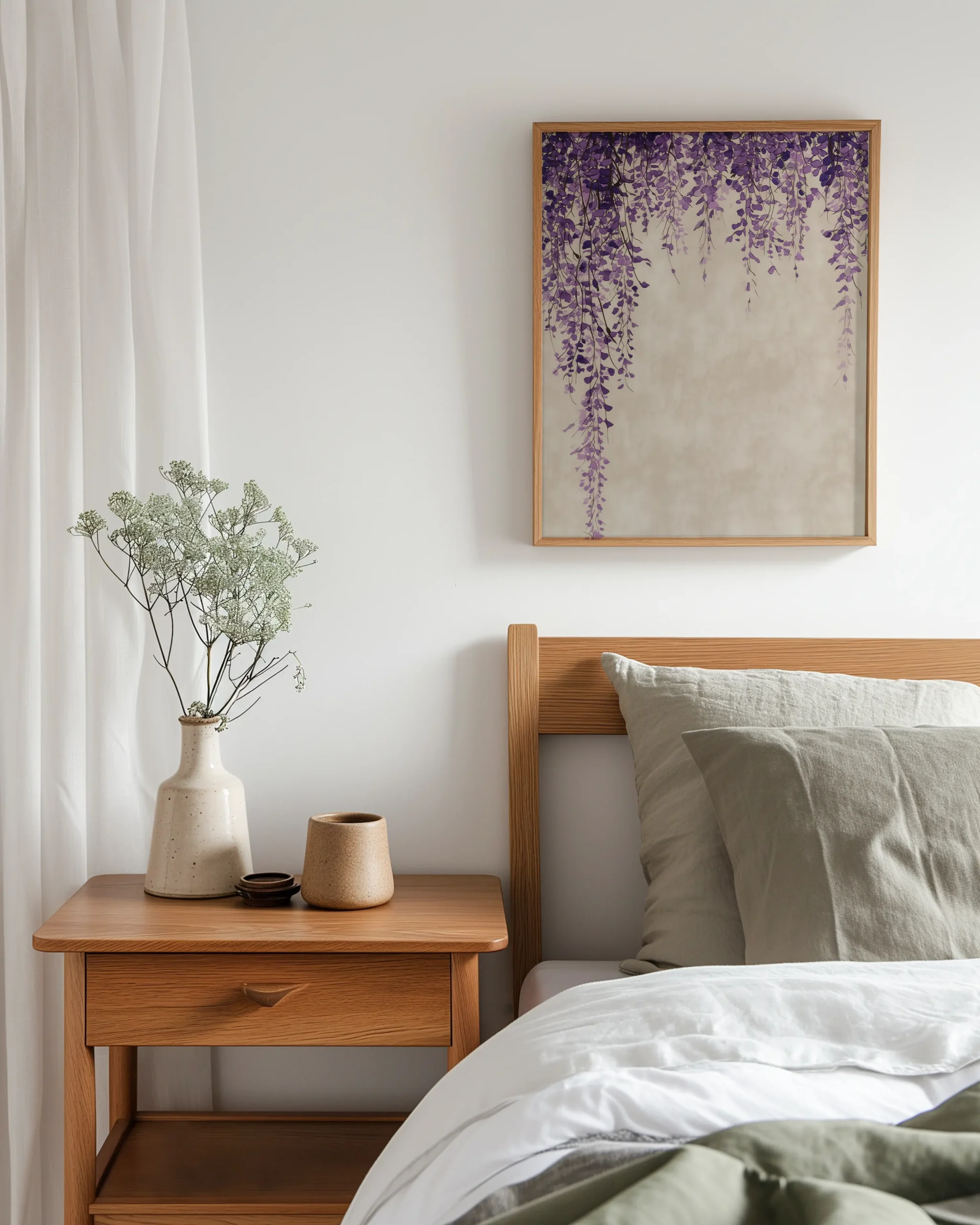 Wisteria Cascade framed poster in bedroom japandi wall decor purple wisteria hanging floral print