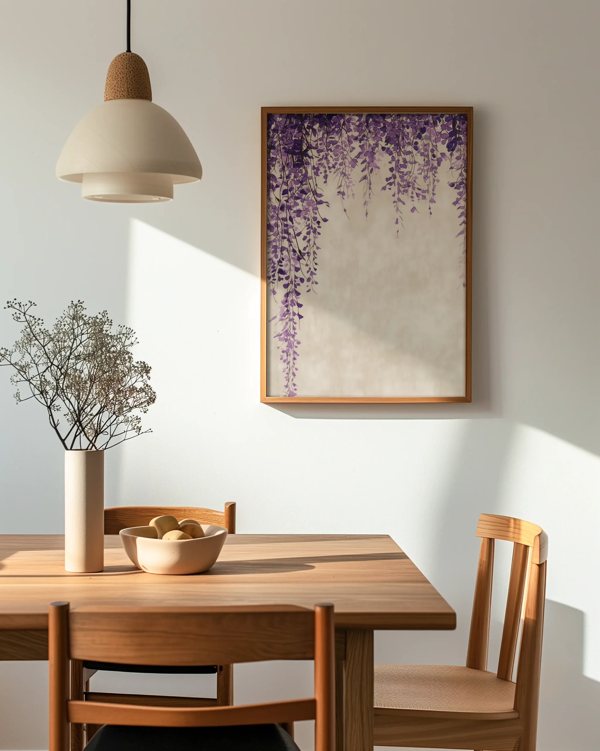 Wisteria Cascade framed poster on dining room wall japandi floral wall decor A1 full frame mockup