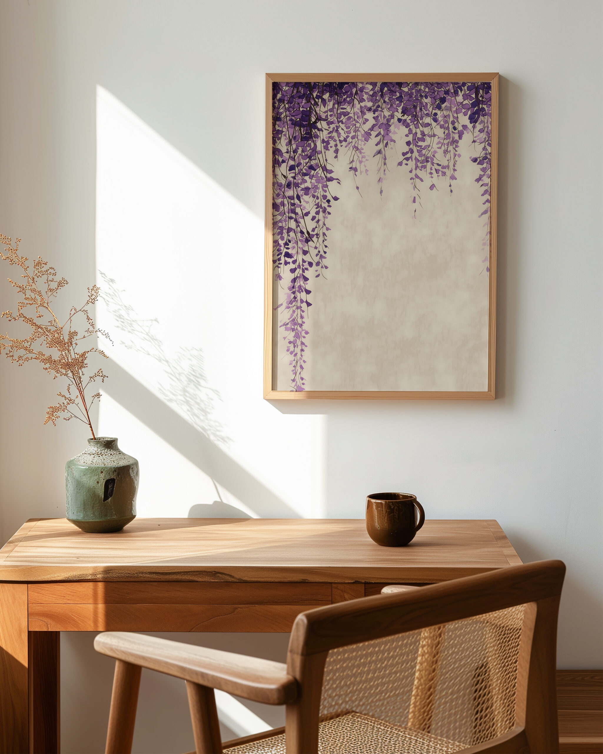 Wisteria Cascade framed poster above desk japandi botanical wall art wisteria floral print
