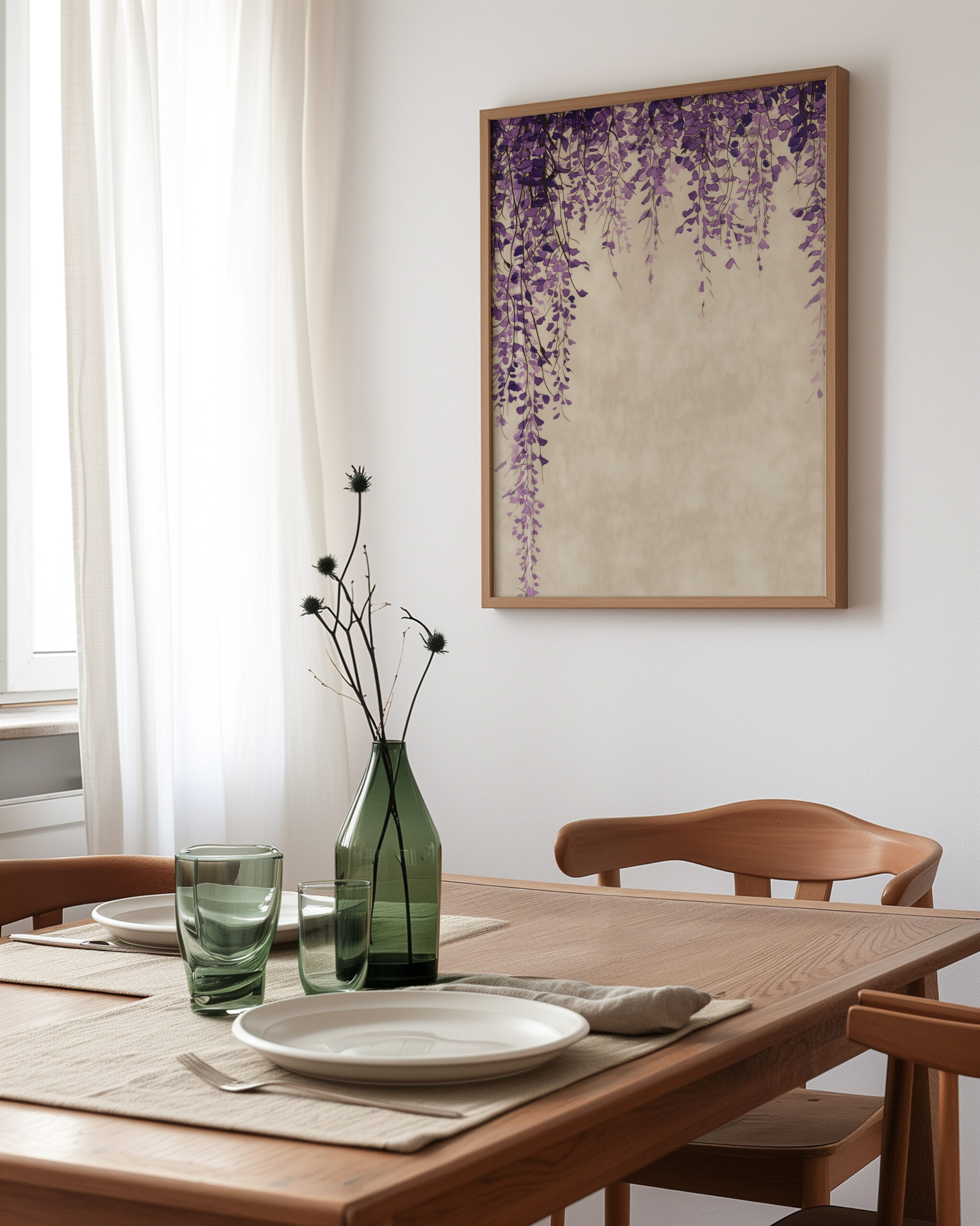 angled dining room mockup of Wisteria Cascade framed poster japandi hanging wisteria floral print
