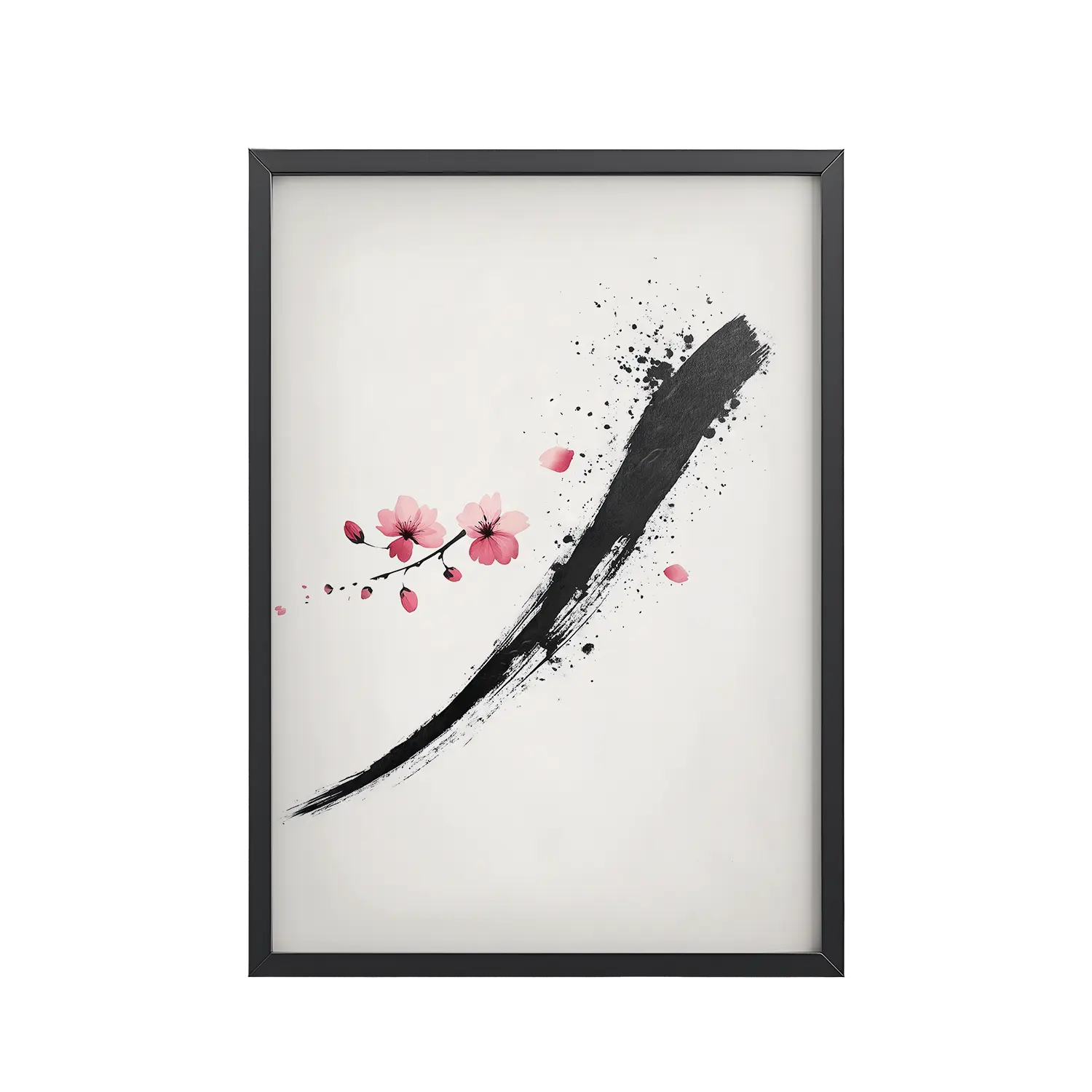 Zen Blossom Stroke — Minimal Cherry Blossom Sumi-e Brush Wall Art — Framed Poster
