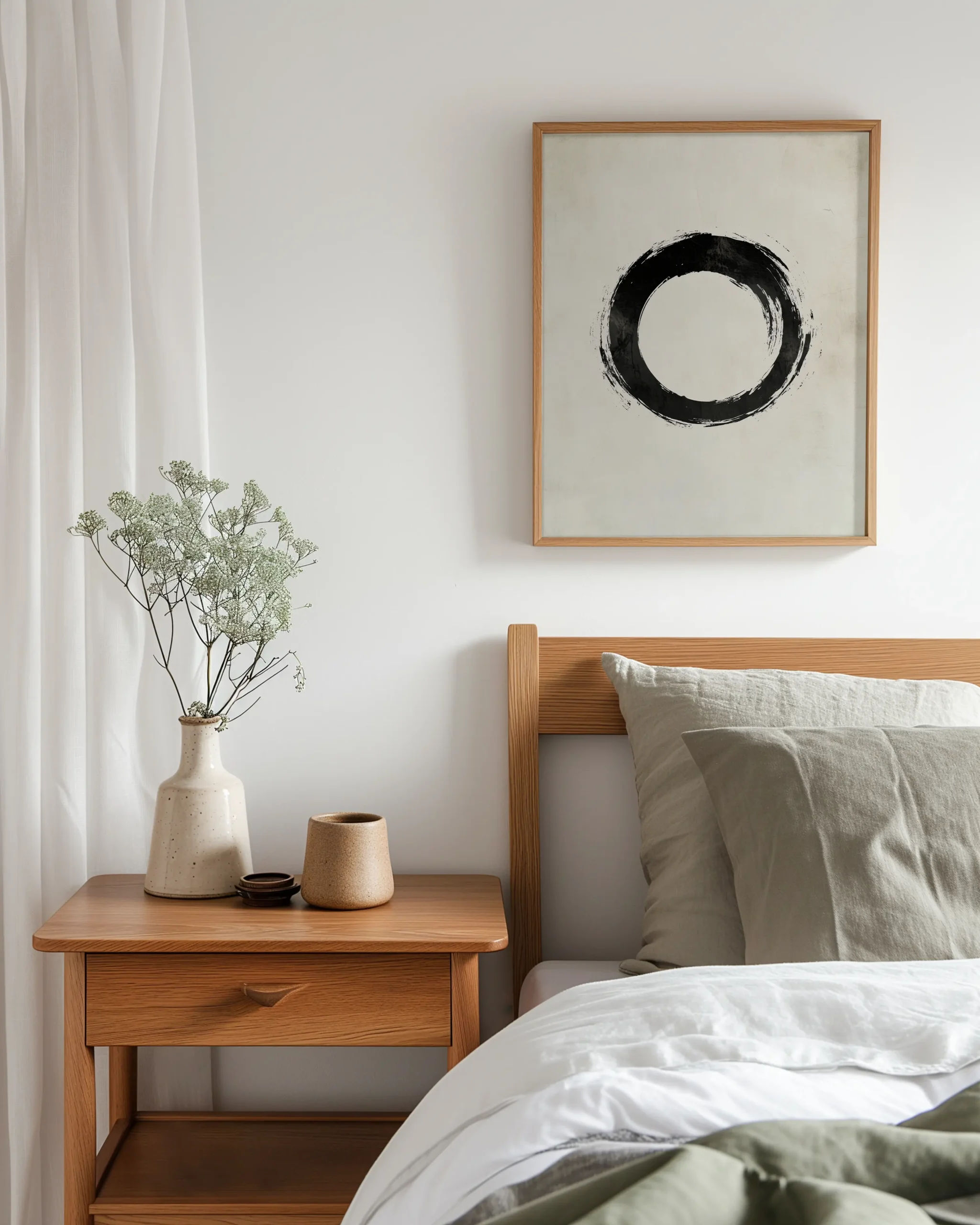 Minimal zen enso circle framed poster hanging above a wooden bed in a bright Japandi bedroom with airy neutral bedding.