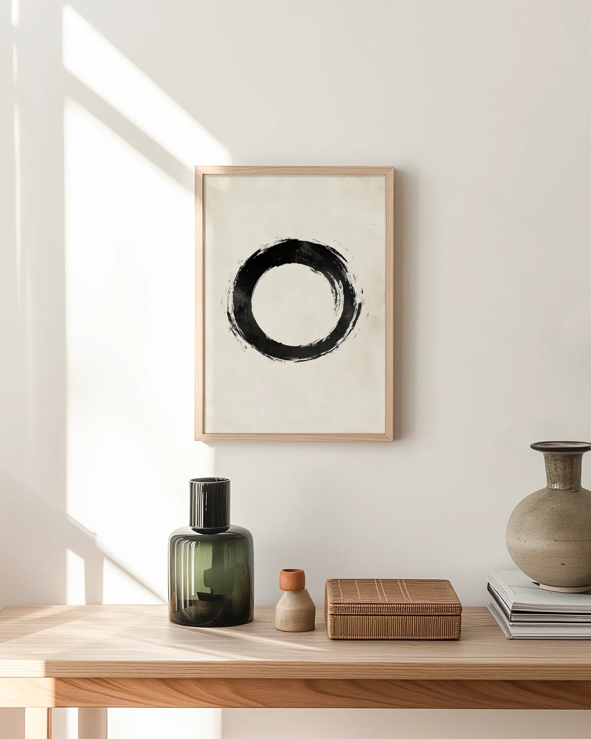 Angled view of a light oak framed enso circle print above a wooden console table in a sunlit minimalist entryway with neutral decor.