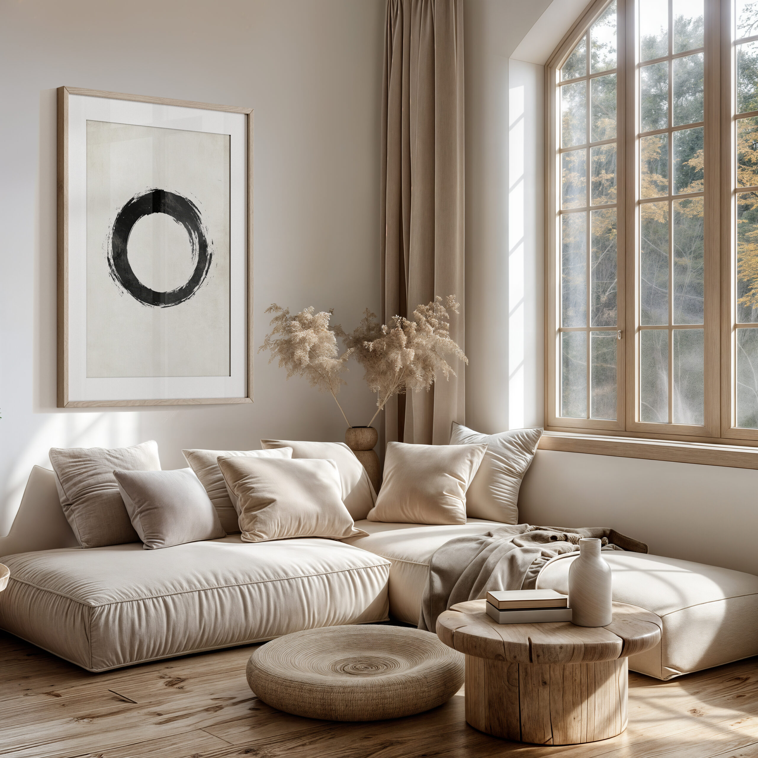 Zen Enso Circle Wall Art framed poster with black Sumi-e brush circle above a neutral sectional sofa in a sunlit Japandi living room.