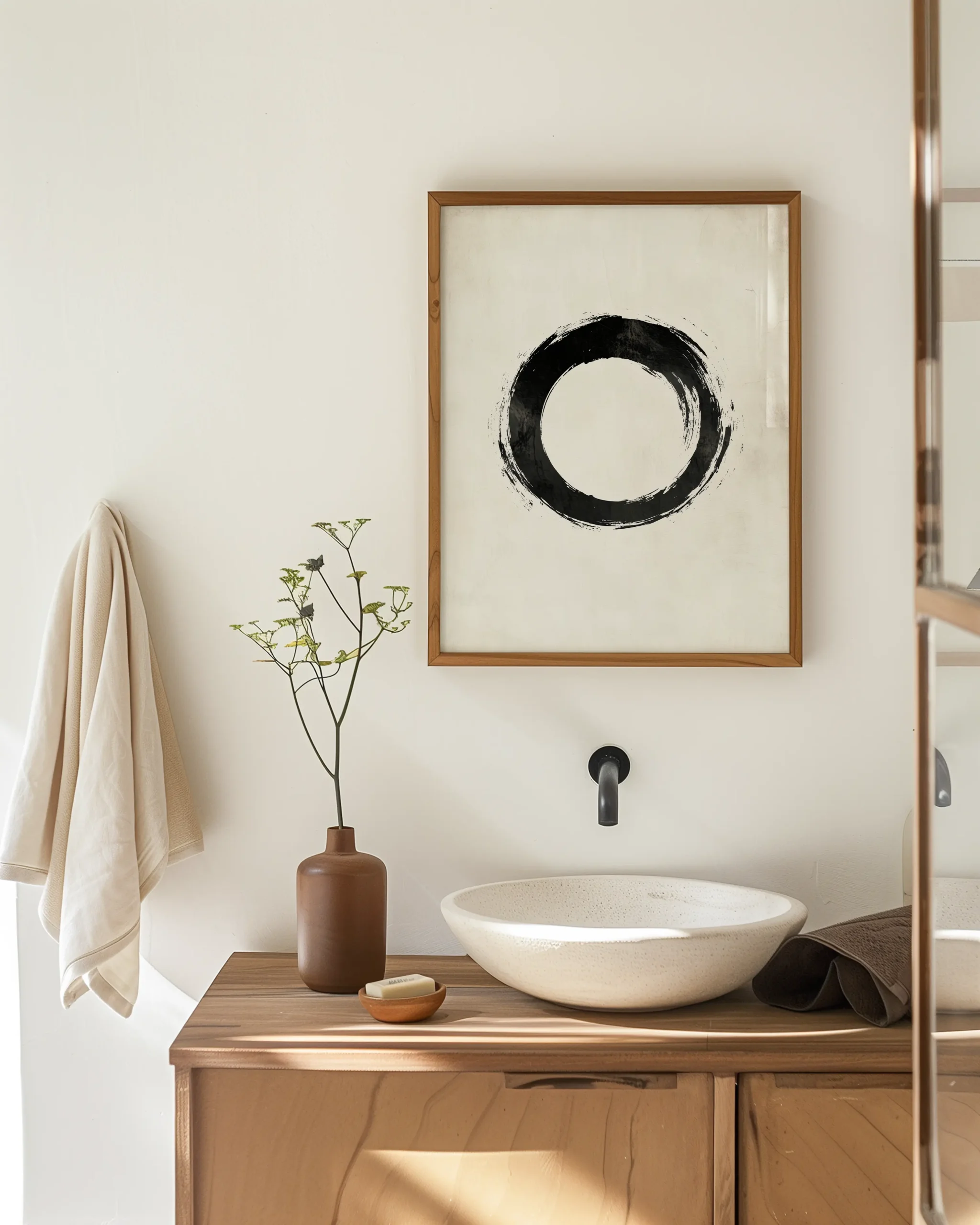 Framed Japanese enso circle print in a light oak frame above a modern vanity, styled as calming zen bathroom wall decor.