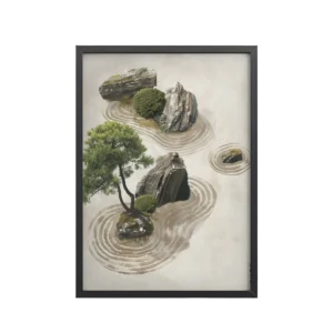 Zen Garden Harmony – Stones, Pine & Raked Sand Wall Art – Framed Poster