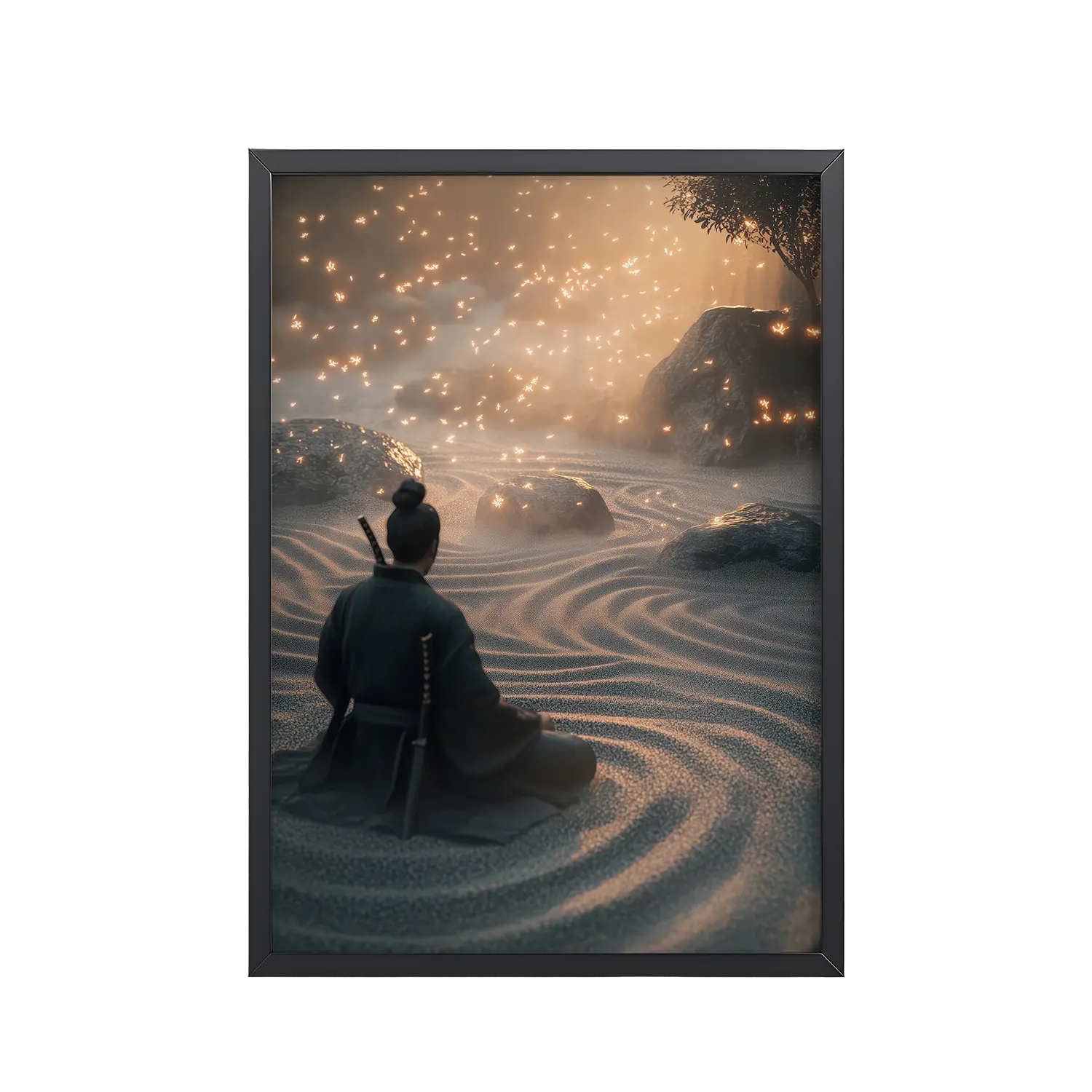 Zen Samurai – Fireflies in Zen Garden Japandi Samurai Wall Art – Framed Poster