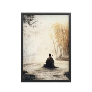 Zen Samurai in Bamboo Light – Neutral Sumi-e Ink Samurai Meditation Wall Art – Framed Poster