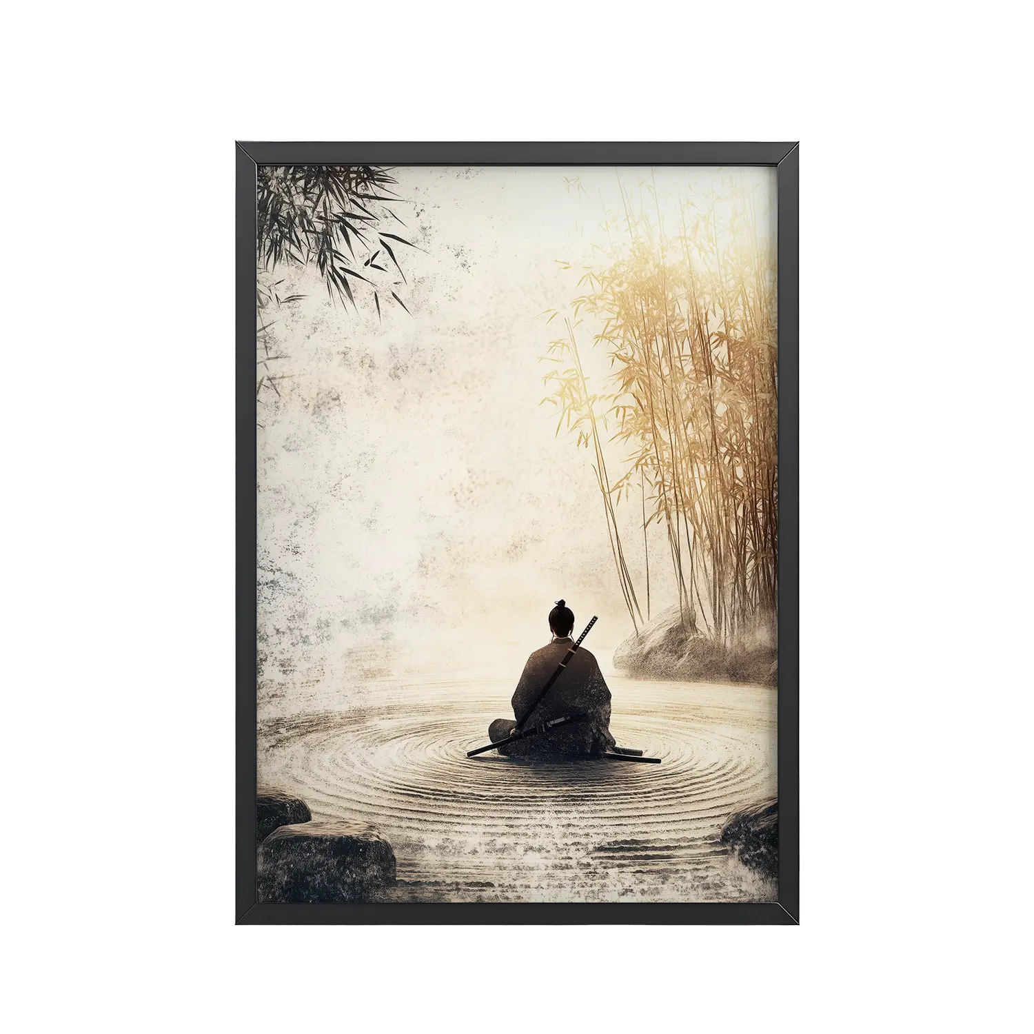 Zen Samurai in Bamboo Light – Neutral Sumi-e Ink Samurai Meditation Wall Art – Framed Poster