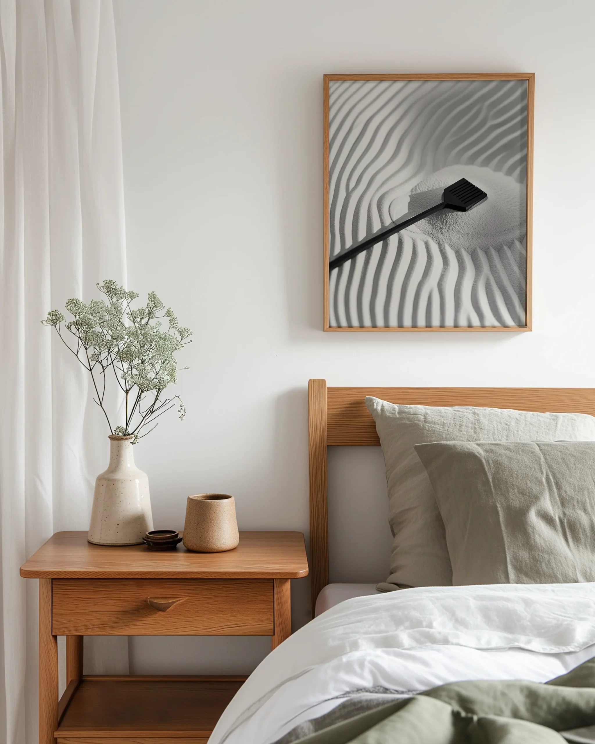 Japandi bedroom interior with a wooden bed and neutral decor, featuring a framed monochrome zen sand ripples poster with a sand rake.