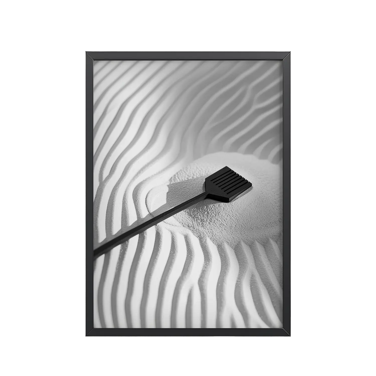 Zen Sand Rake – Minimal Monochrome Ripples Wall Art – Framed Poster