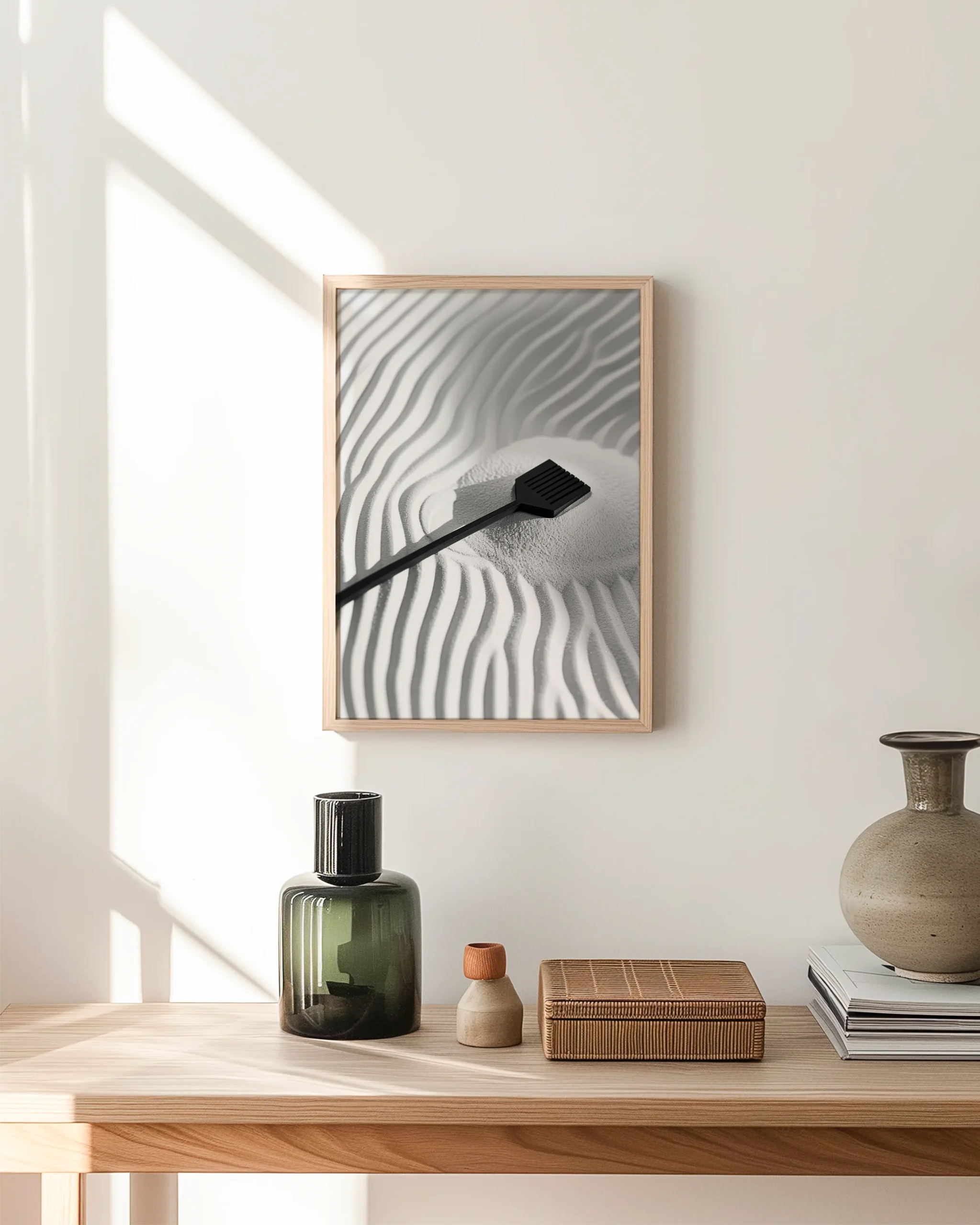 Neutral hallway interior displaying a framed monochrome zen garden ripples print with a sand rake, minimalist Japandi wall decor.