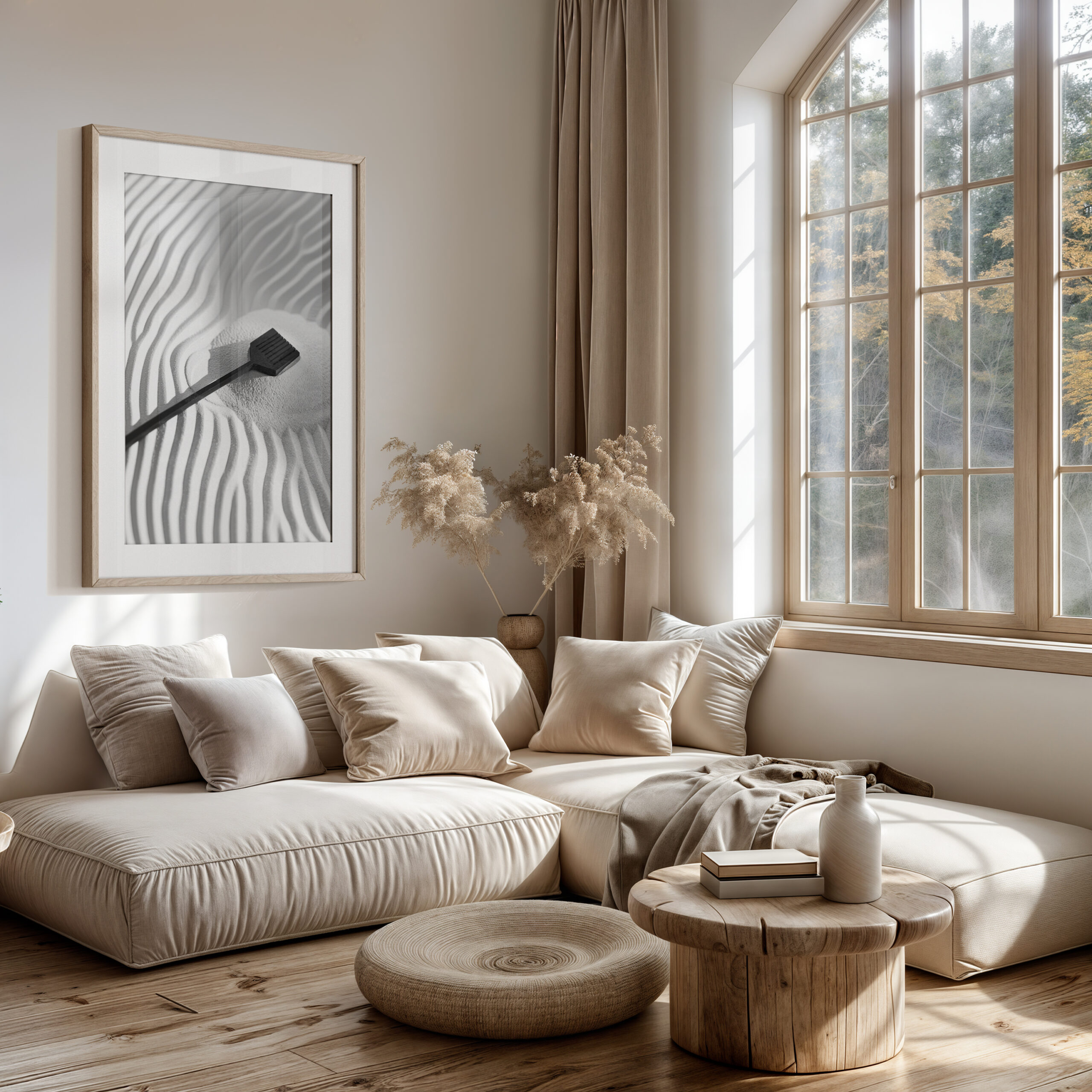 Bright neutral living room with soft seating and natural textures, showcasing a framed monochrome zen sand ripples print with a sand rake.