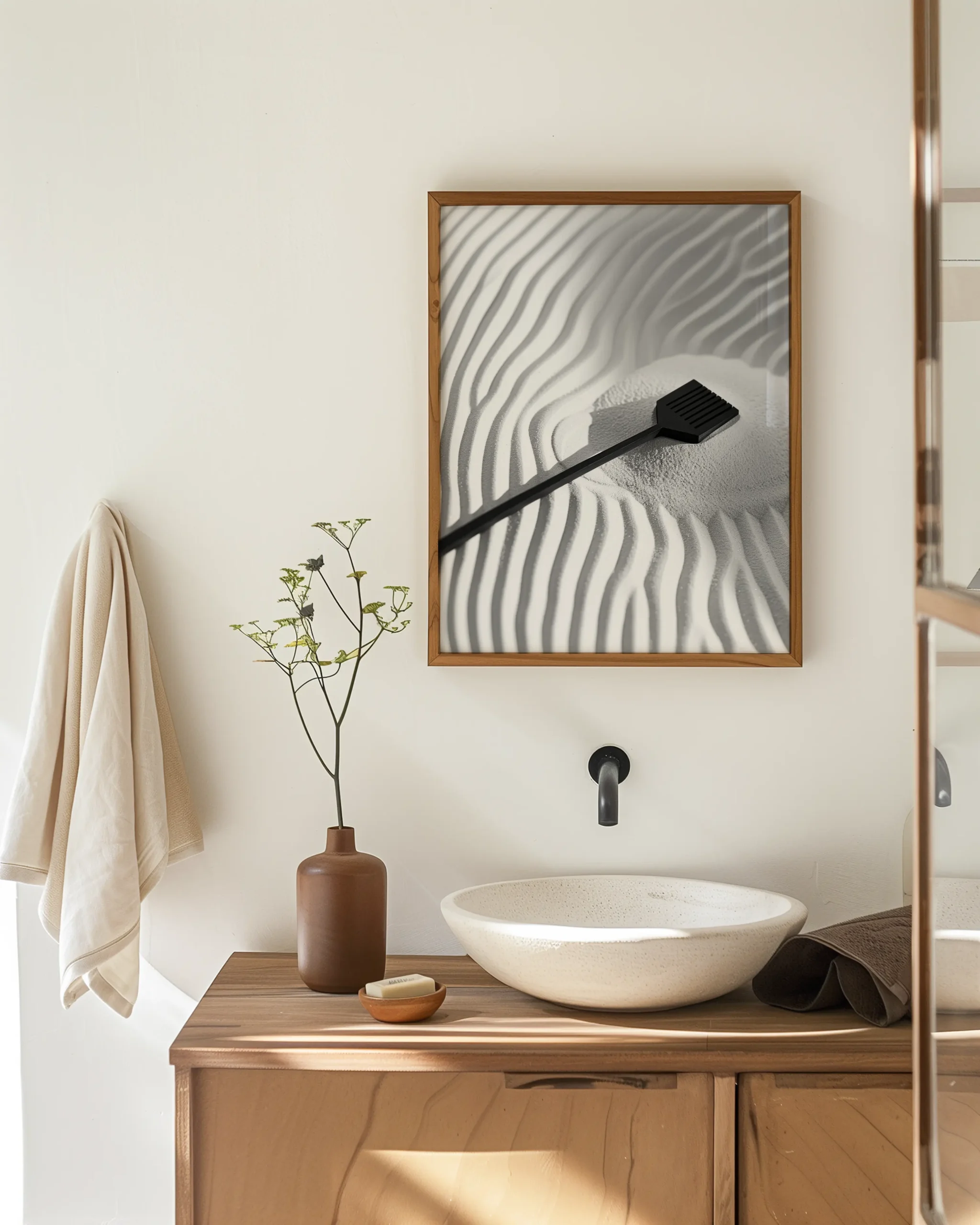 Modern bathroom vanity with neutral tones, featuring a framed black and white zen sand ripples poster with a sand rake for spa-inspired decor.
