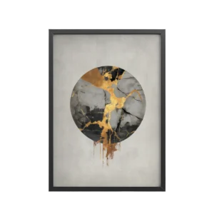 Broken Circle Golden Soul — Kintsugi Marble Circle Art with Gold Veins — Framed Poster