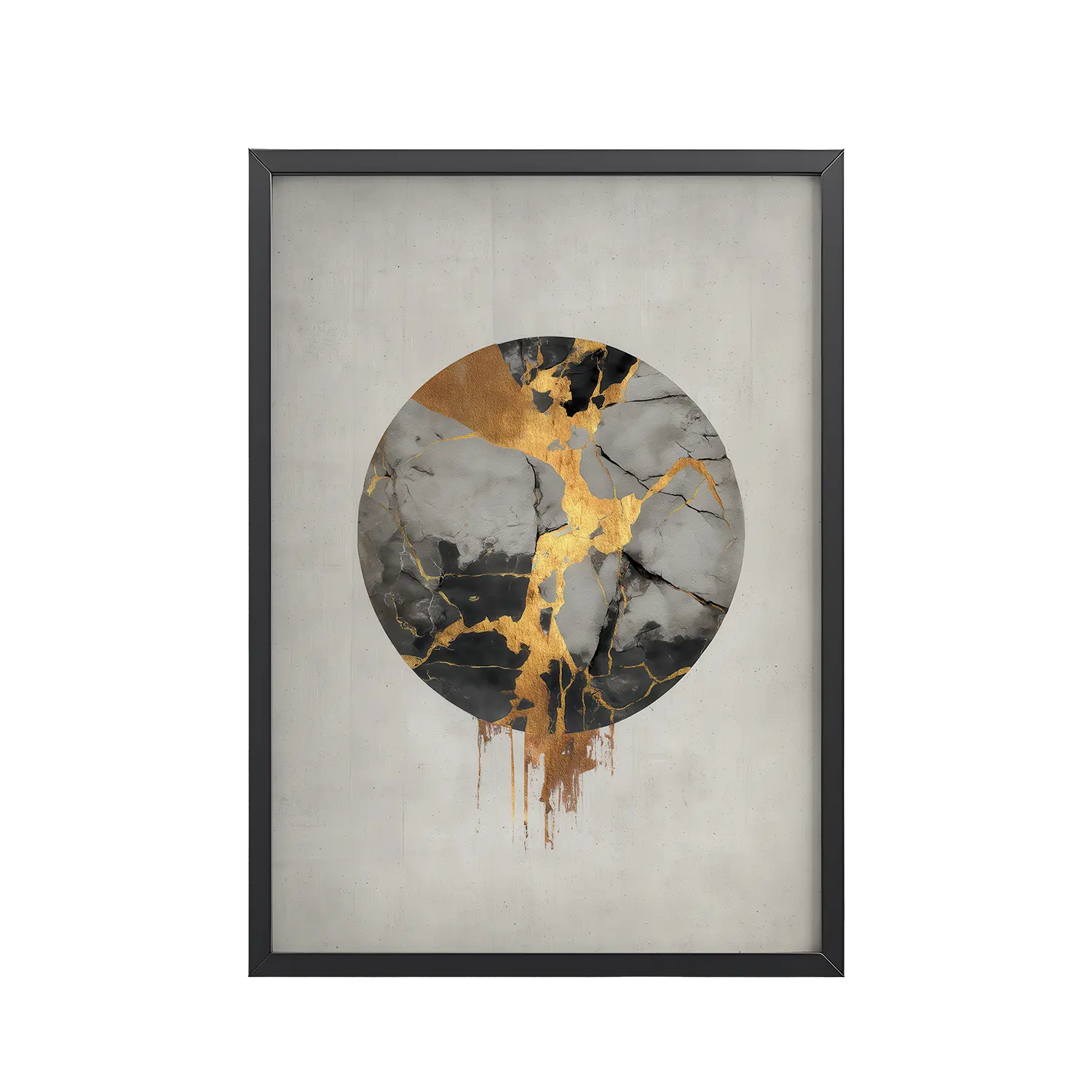 Broken Circle Golden Soul — Kintsugi Marble Circle Art with Gold Veins — Framed Poster