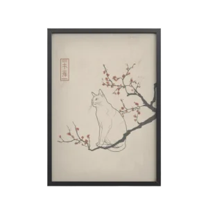 Cat with Blossoms — Minimalist Cat on Plum Branch Wall Art — Framed Poster