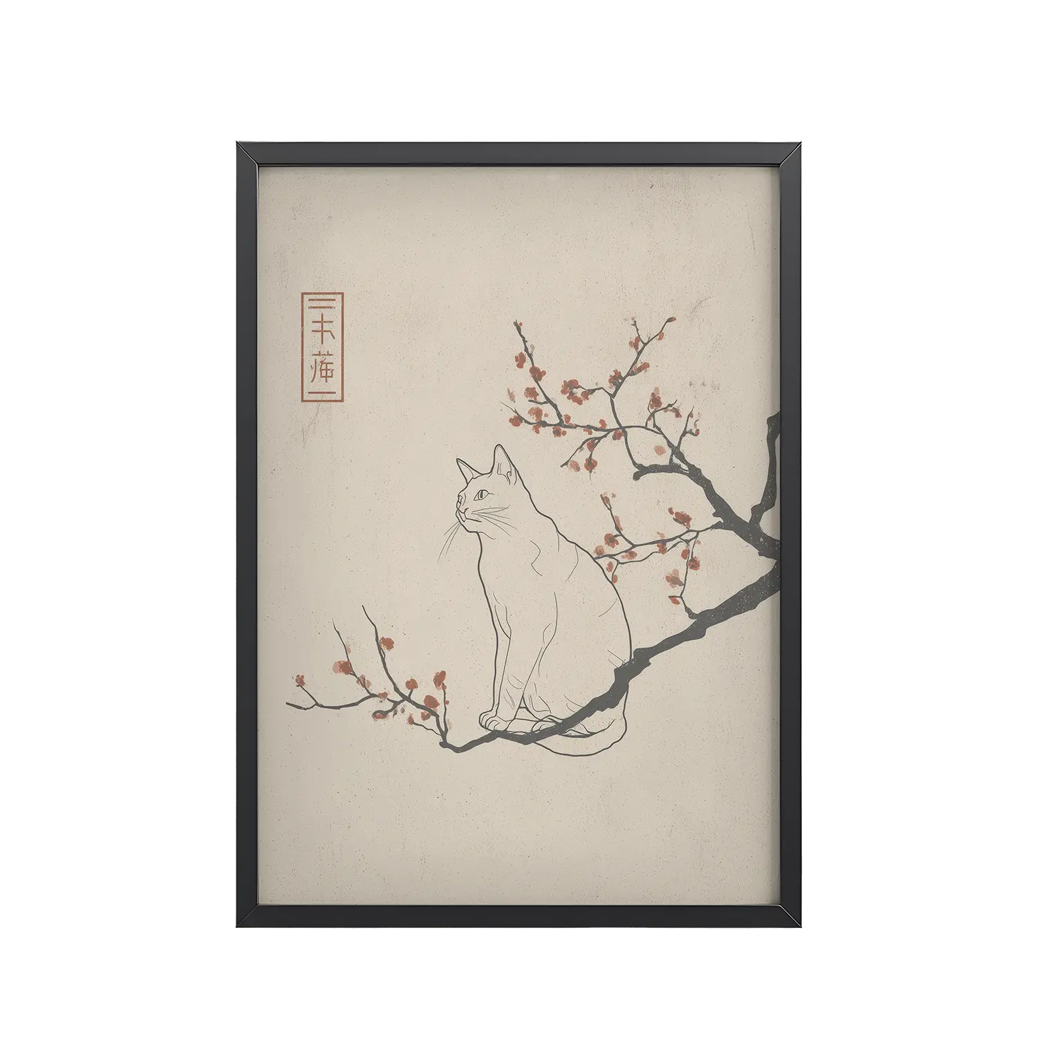Cat with Blossoms — Minimalist Cat on Plum Branch Wall Art — Framed Poster