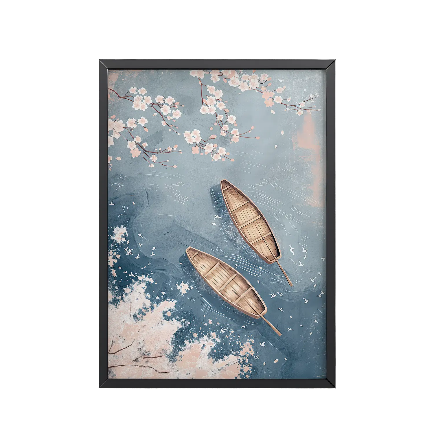 Cherry Blossom Drifting — Sakura River Landscape Wall Art — Framed Poster