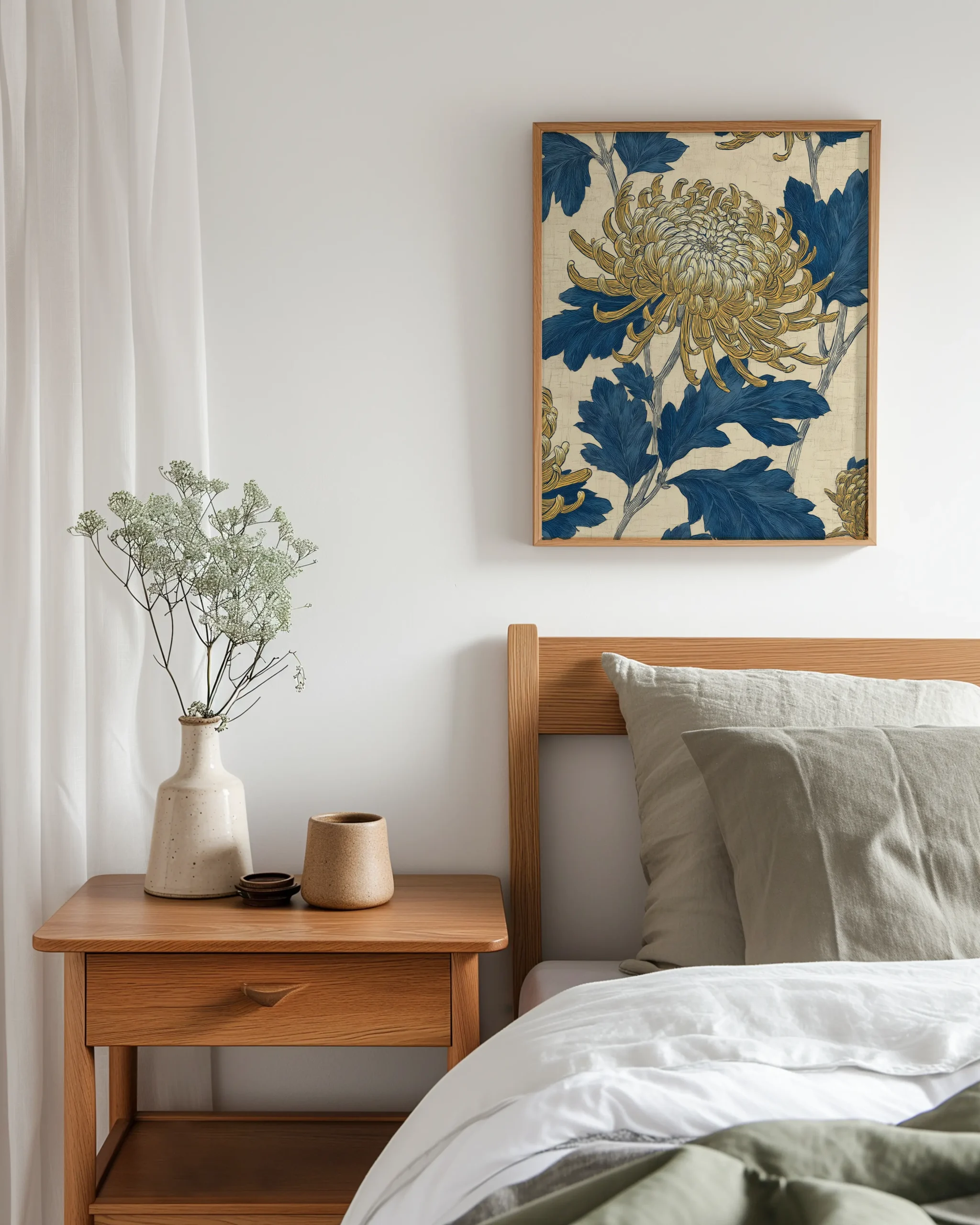 Chrysanthemum pattern floral wall art framed poster hanging above bed in minimalist Japandi bedroom