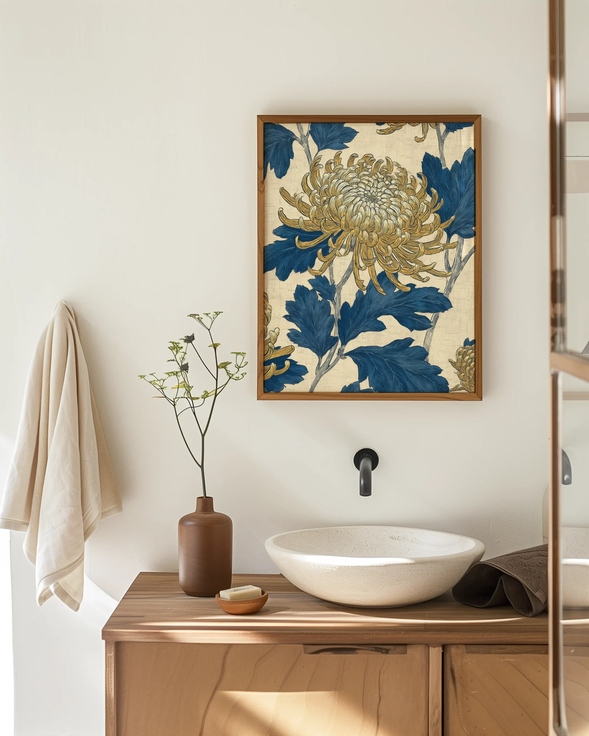 Chrysanthemum pattern floral wall art framed poster hanging above bed in minimalist Japandi bedroom