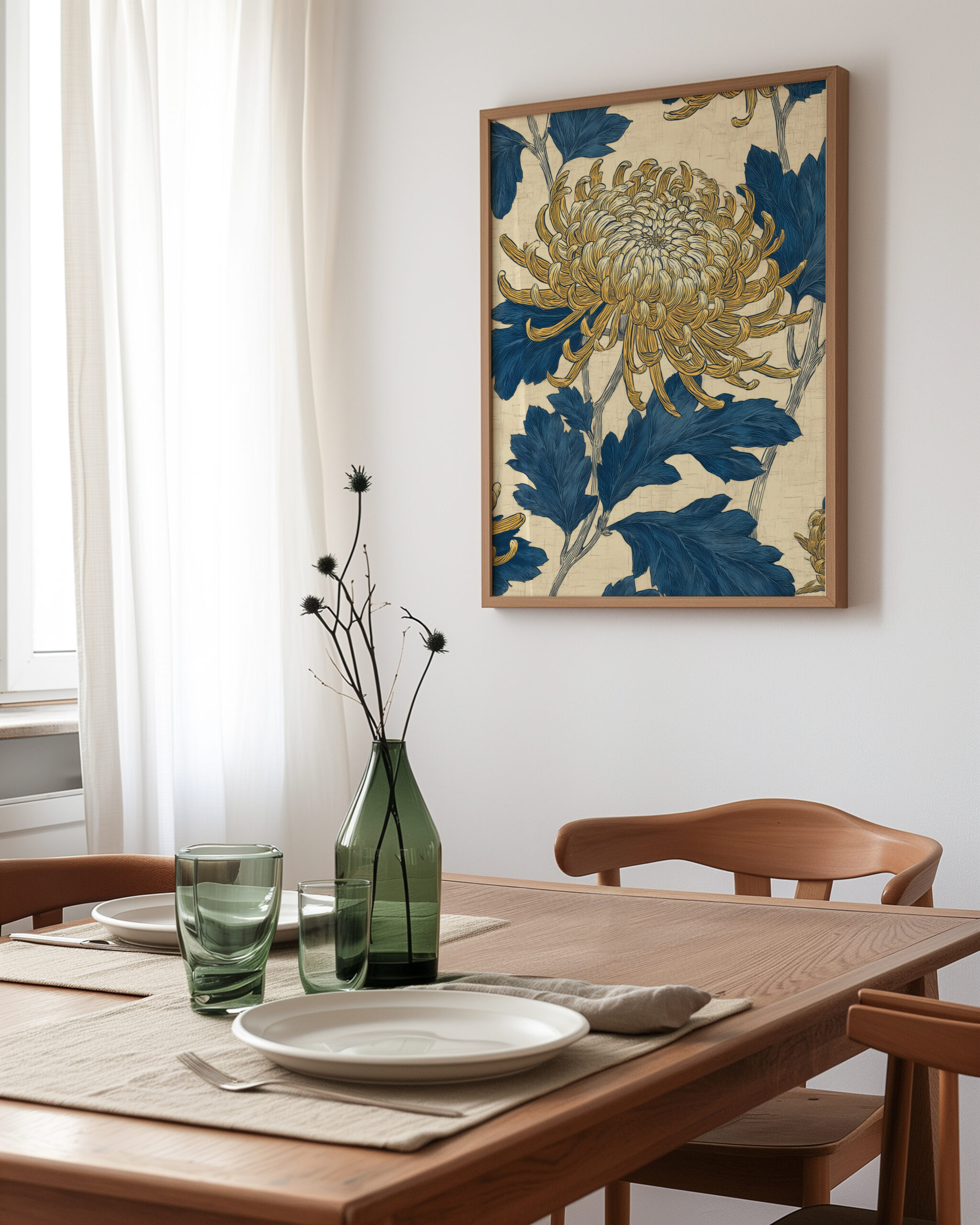 Chrysanthemum botanical wall art framed poster in Scandinavian Japandi dining room interior
