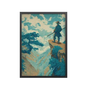 Cliff Wanderer I Hokusai – Vintage Ukiyo-e Cliff Landscape Wall Art – Framed Poster