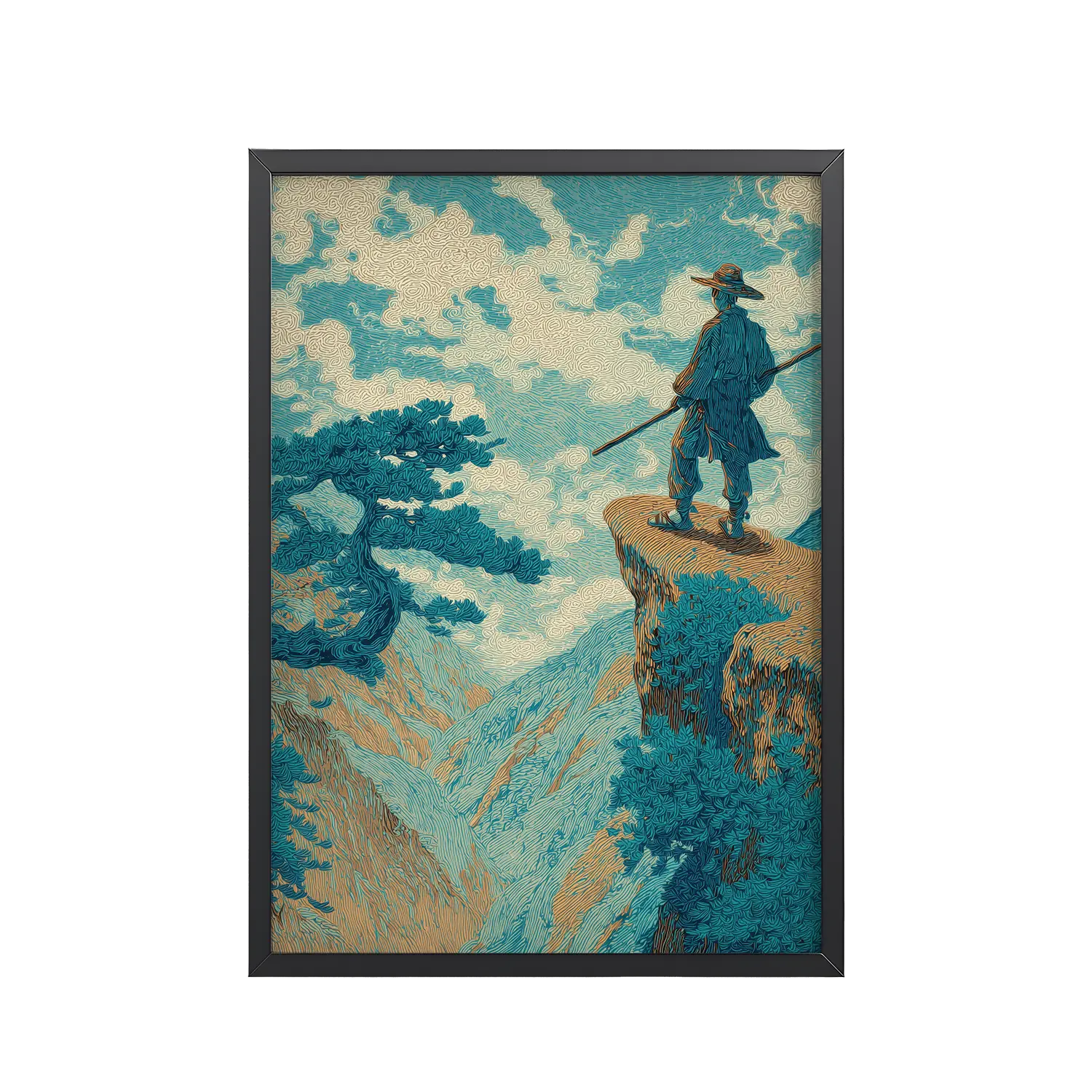 Cliff Wanderer I Hokusai – Vintage Ukiyo-e Cliff Landscape Wall Art – Framed Poster