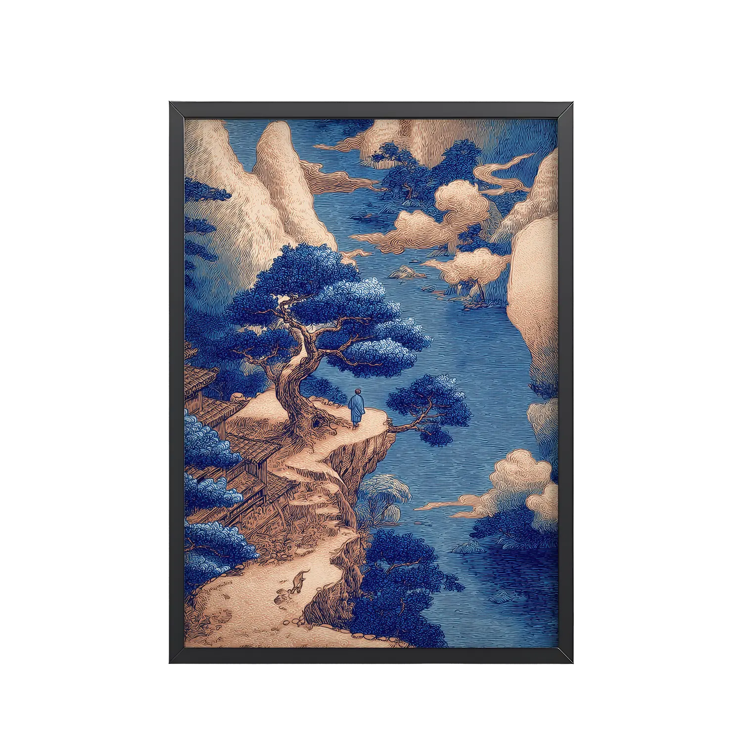 Cliffside Temple View – Blue Ukiyo-e Landscape Wall Art – Framed Poster