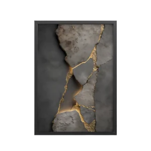 Cracked Stillness — Kintsugi Texture on Charcoal Stone Wall Decor — Framed Poster