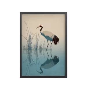 Crane and Reflection Stillness – Minimal Ukiyo-e Bird Wall Art – Framed Poster