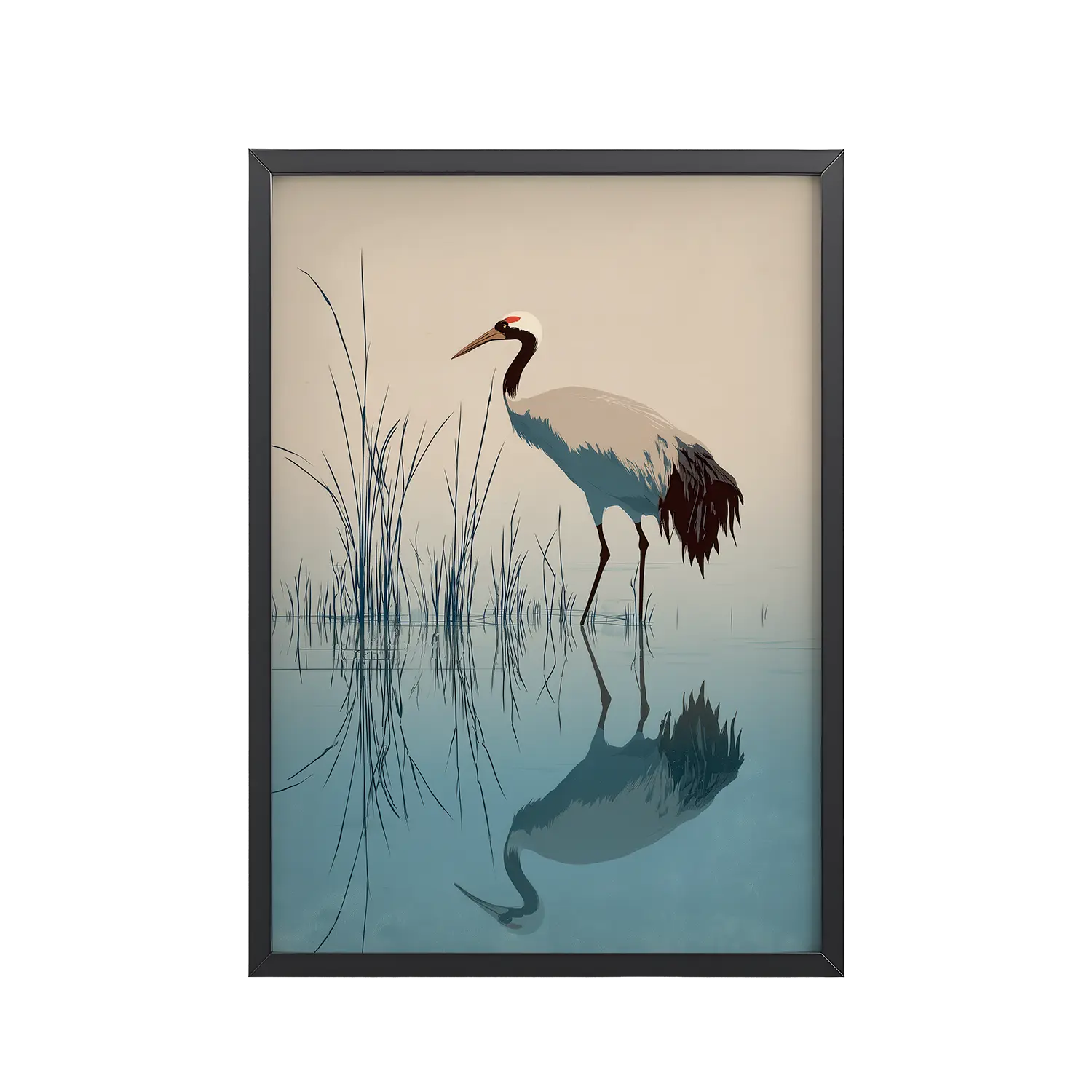 Crane and Reflection Stillness – Minimal Ukiyo-e Bird Wall Art – Framed Poster