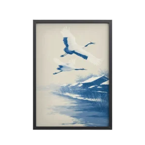 Cranes in Winter Sky — Ukiyo-e Birds over Snowy River Village Wall Art — Framed Poster