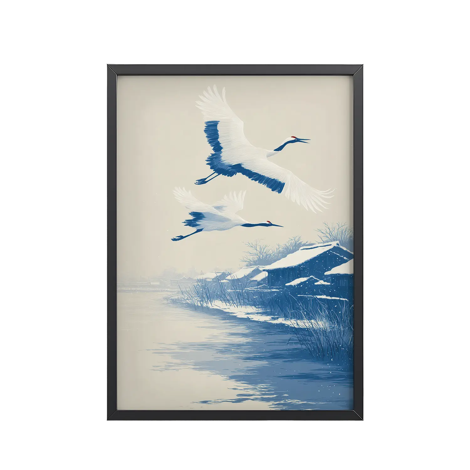 Cranes in Winter Sky — Ukiyo-e Birds over Snowy River Village Wall Art — Framed Poster