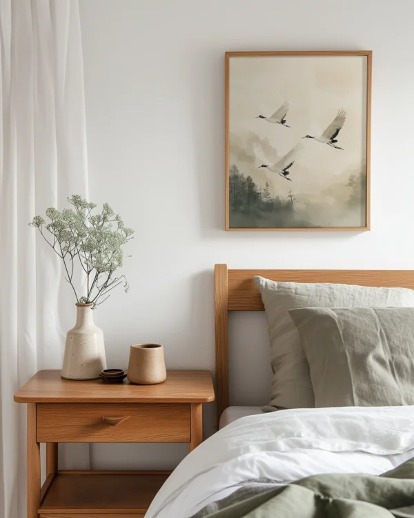 Cranes of Serenity — Misty Forest Flight Bird Wall Art — Framed