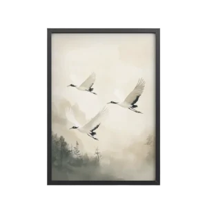 Cranes of Serenity — Misty Forest Flight Bird Wall Art — Framed Poster