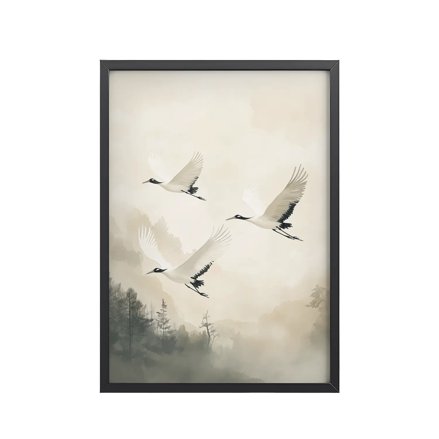 Cranes of Serenity — Misty Forest Flight Bird Wall Art — Framed Poster