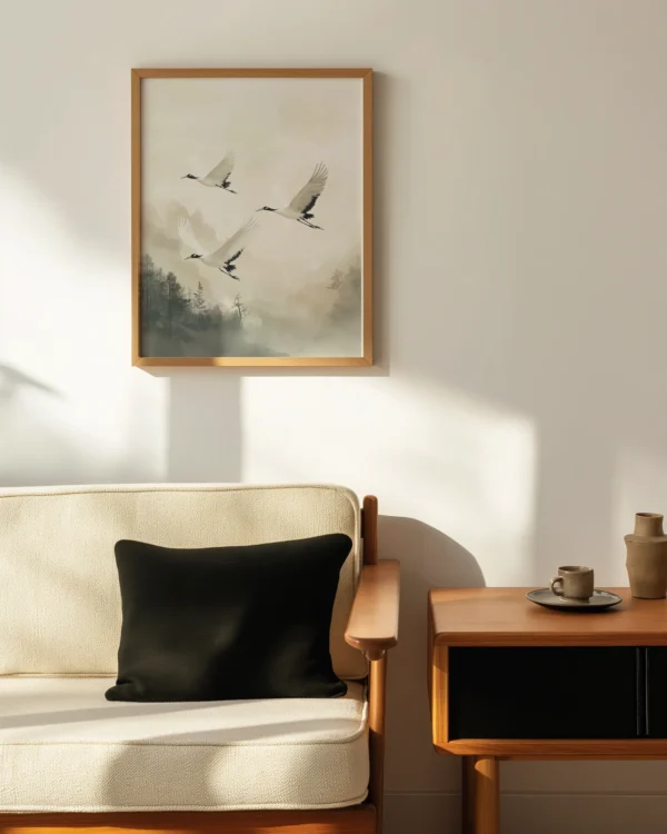 Cranes of Serenity — Misty Forest Flight Bird Wall Art — Framed