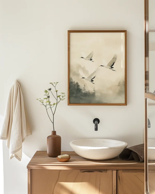 Cranes of Serenity — Misty Forest Flight Bird Wall Art — Framed