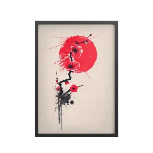 Crimson Blossoms — Calligraphy Cherry Branch Japandi Wall Art — Framed Poster