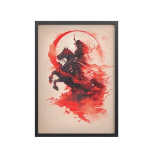 Crimson Charge – Samurai on Horseback Flaming Arc of Courage Wall Art – Framed Poster