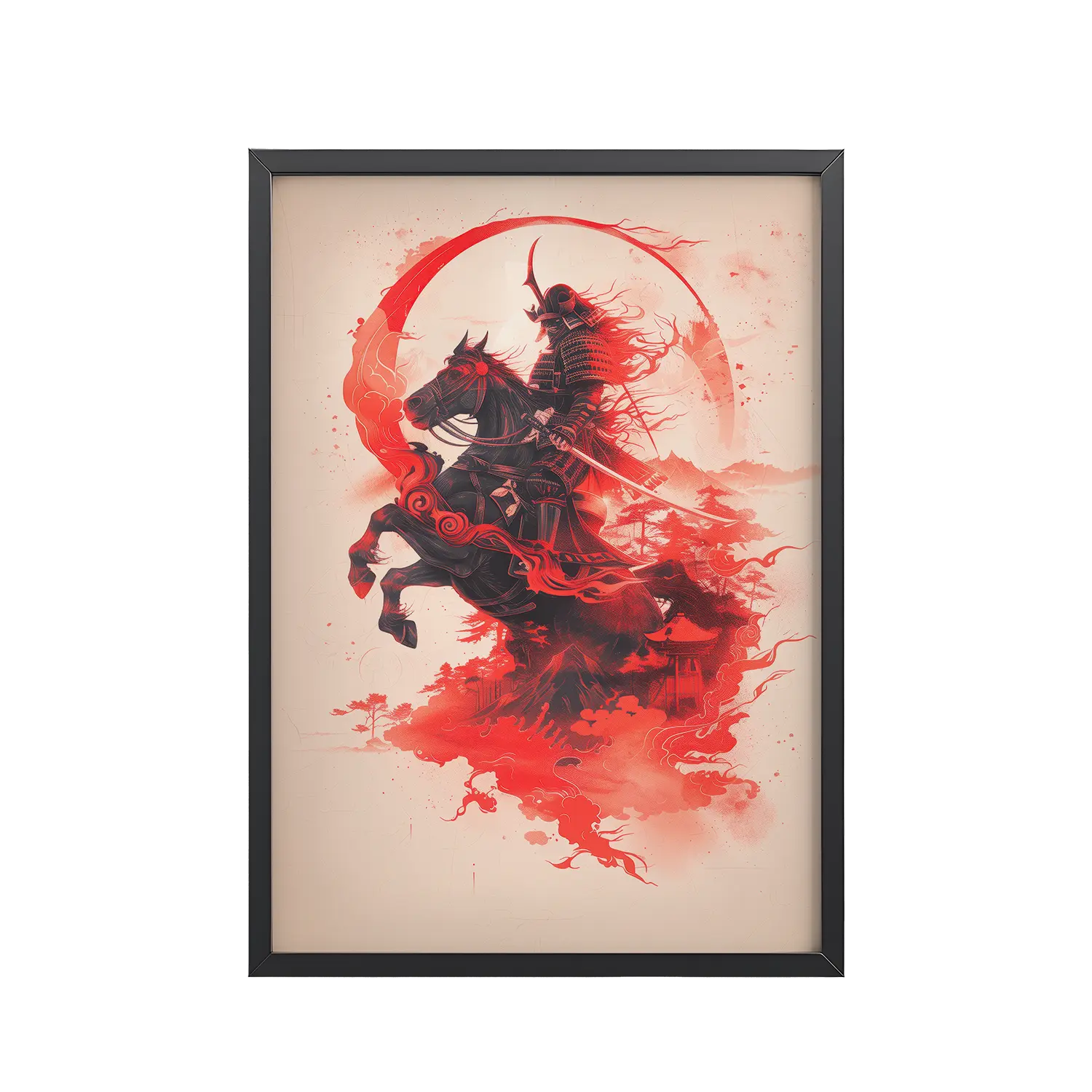 Crimson Charge – Samurai on Horseback Flaming Arc of Courage Wall Art – Framed Poster