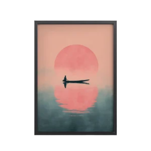 Fisherman in Misty Dawn — Minimal Sunrise Boat Wall Art — Framed Poster