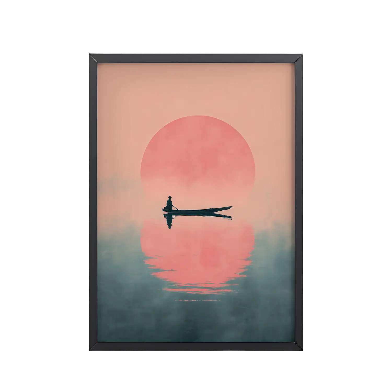 Fisherman in Misty Dawn — Minimal Sunrise Boat Wall Art — Framed Poster