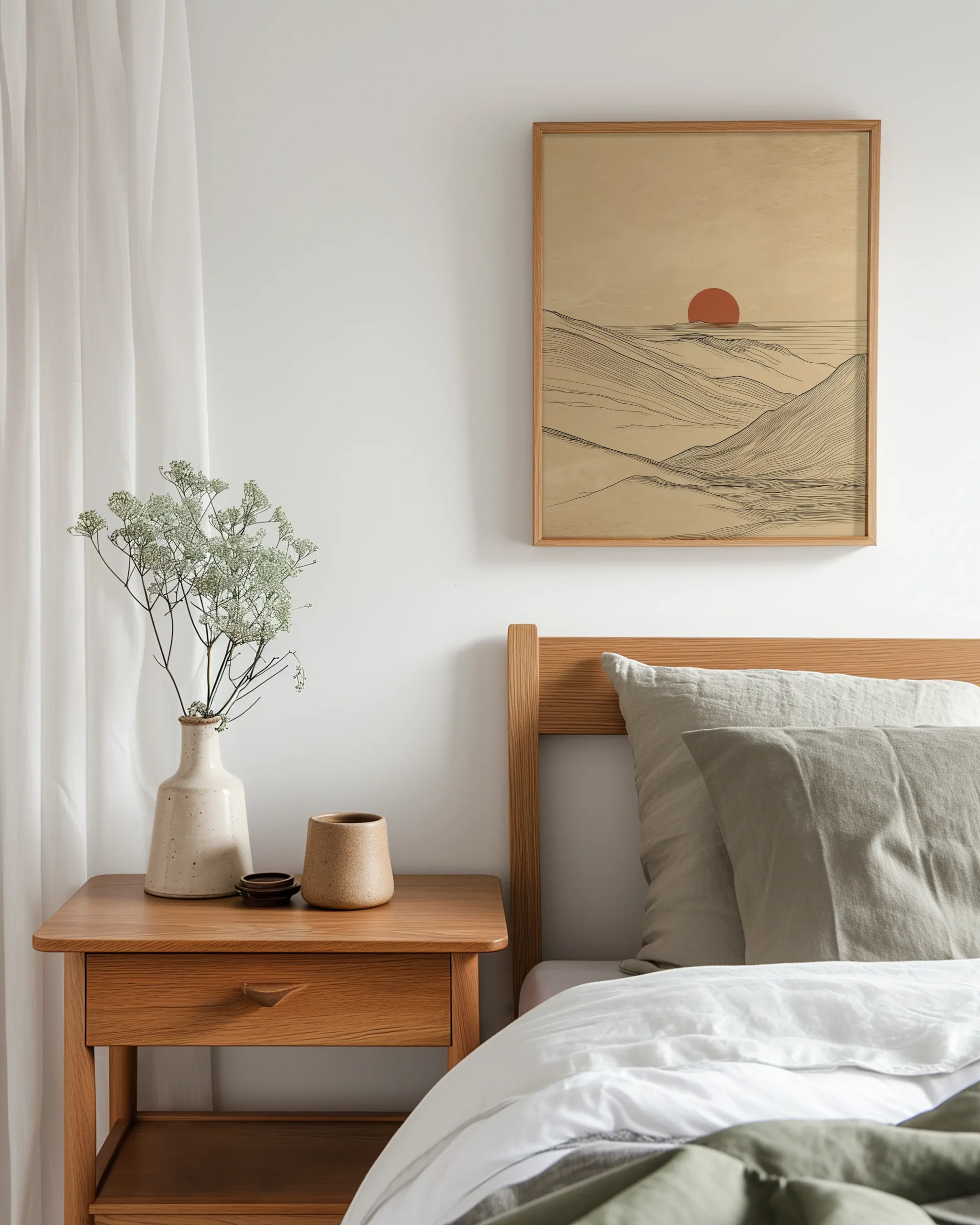 Desert Horizon japandi framed poster desert line landscape with red sun styled above bed in minimalist bedroom