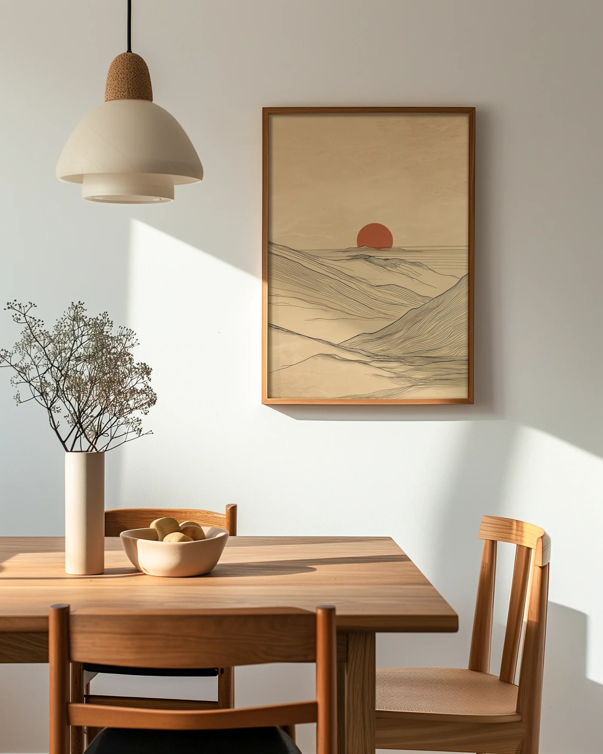 Desert Horizon framed poster japandi desert line art with red sun styled in dining room above table
