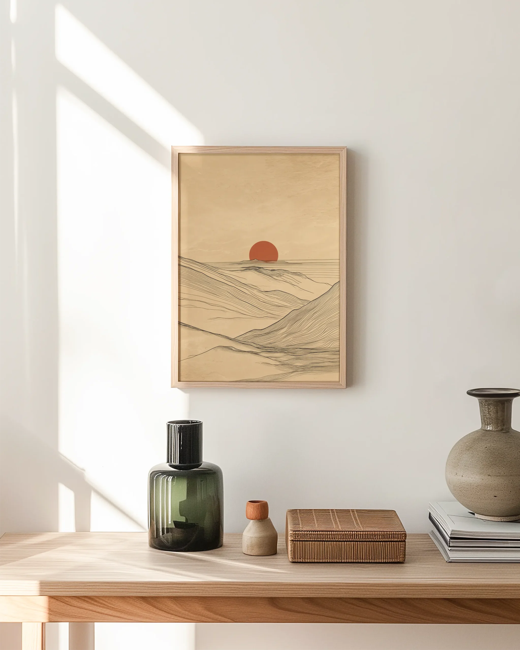 Desert Horizon framed poster japandi desert landscape line art with red sun styled in modern hallway