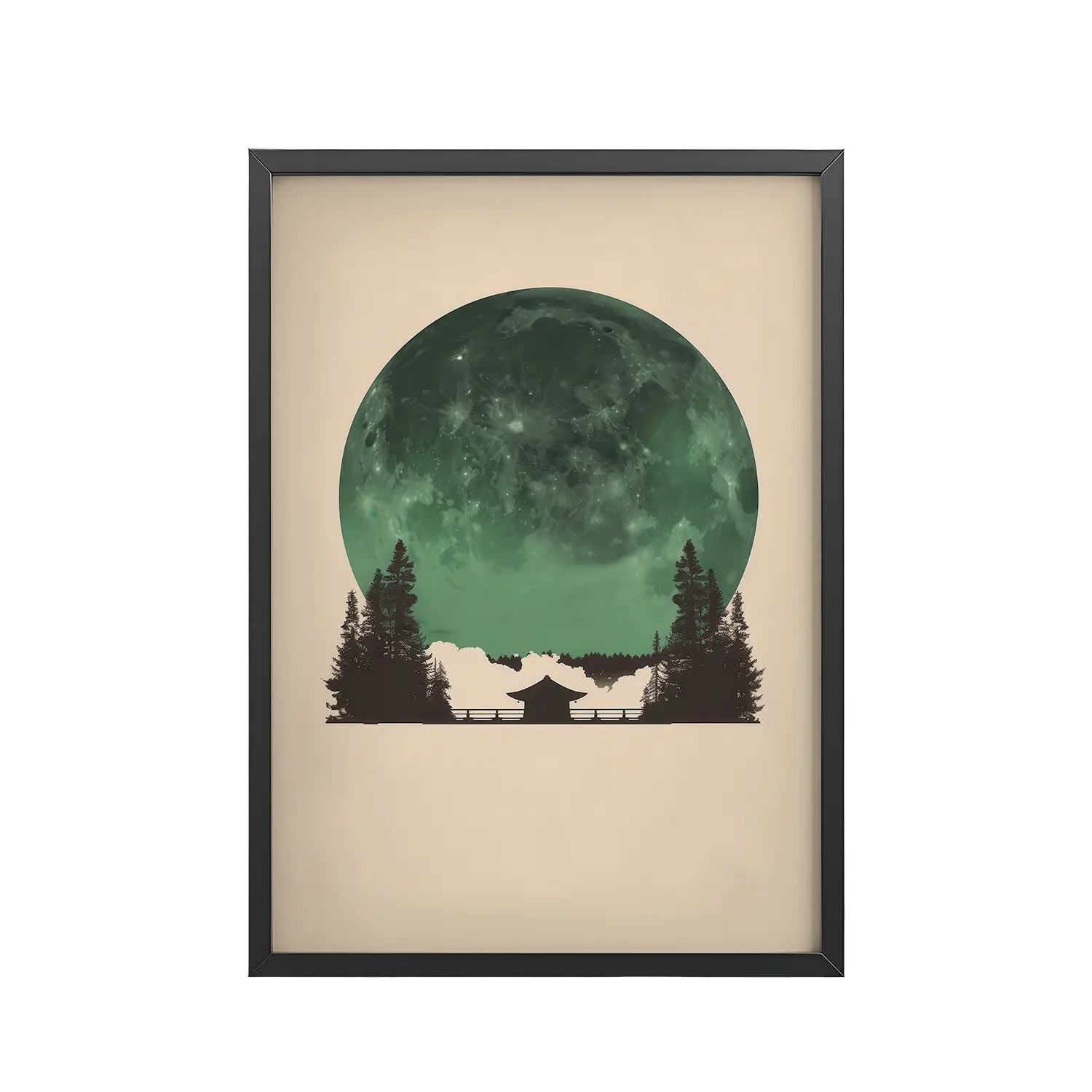 Emerald Moon Temple — Japandi Silhouette Wall Art — Framed Poster